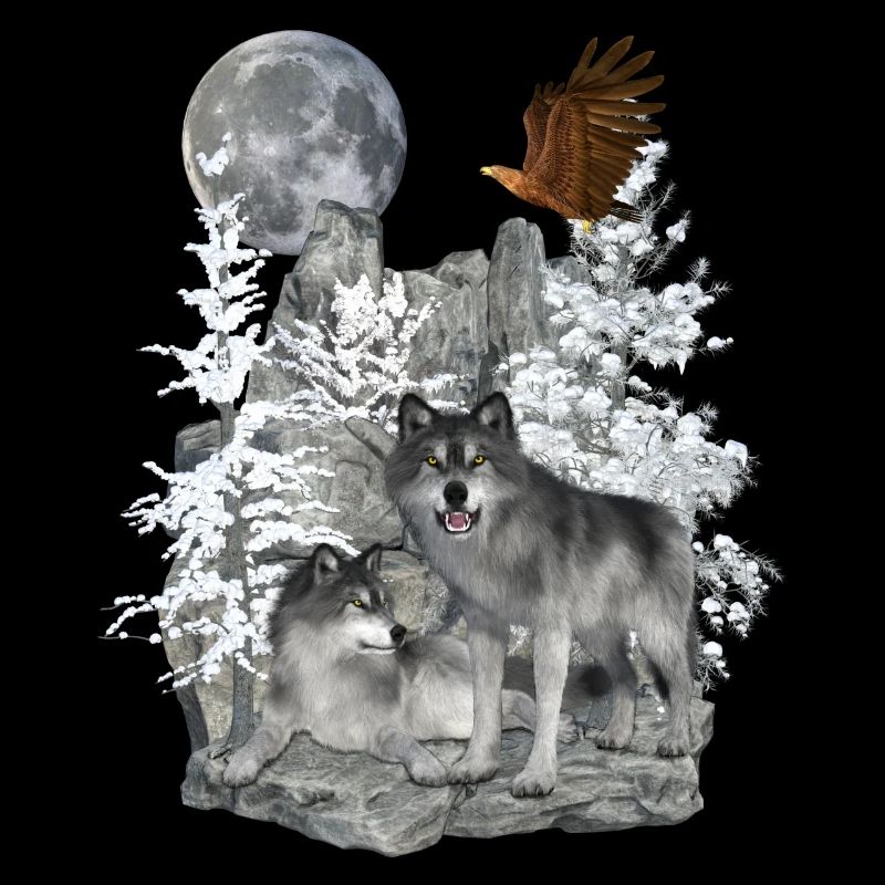 Wolves on rocks with eagle and moon