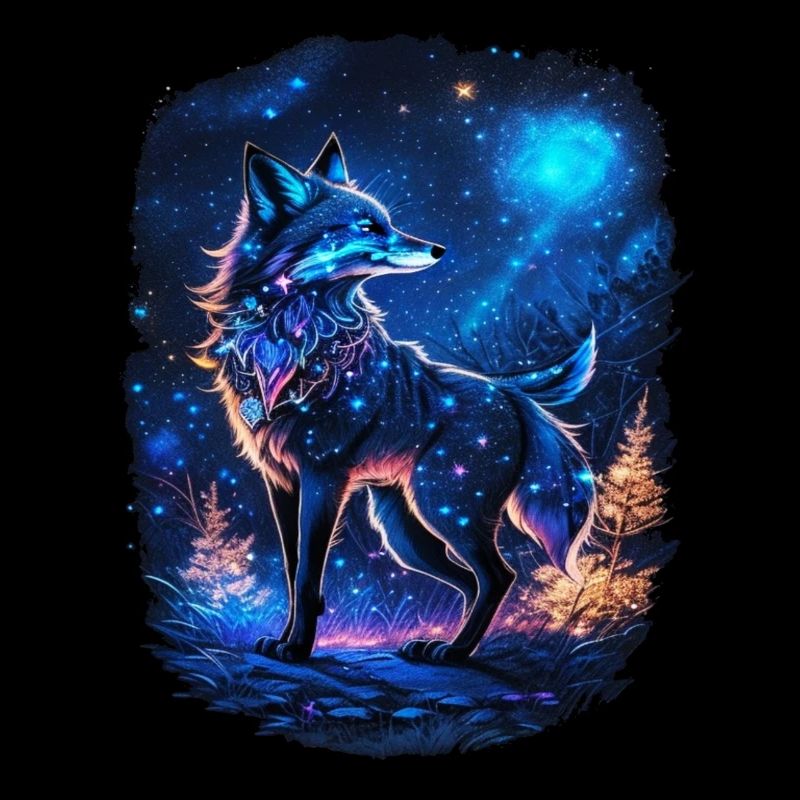 Fox in the Moonlight and Magic Forest Landscape