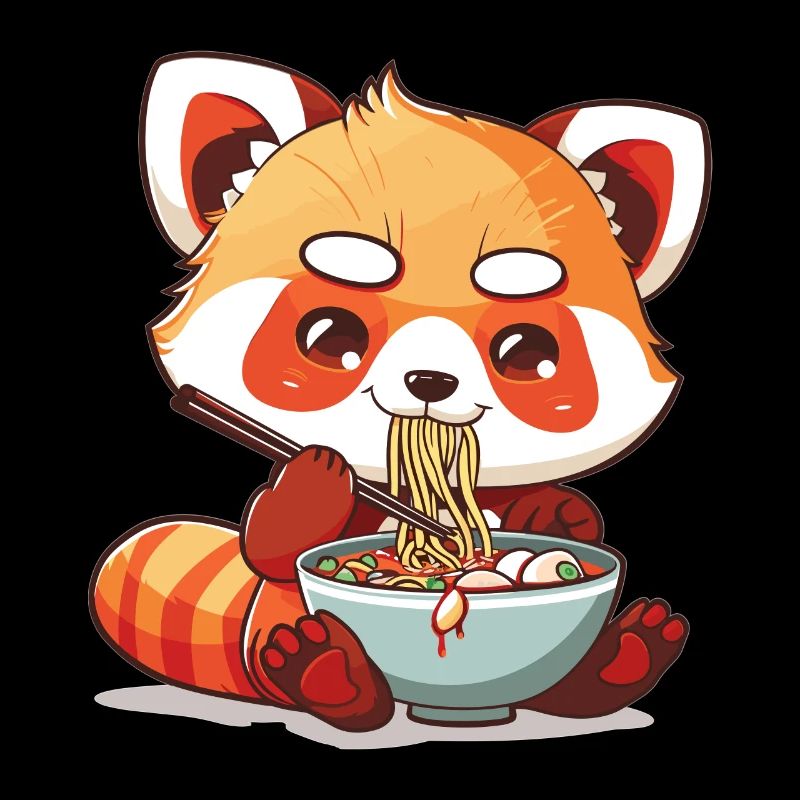 Panda roux kawaii mangeant de la soupe de nouilles Ramen Anime