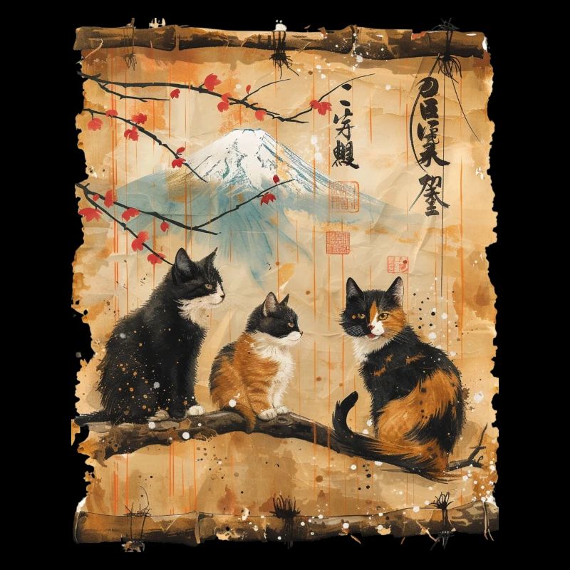 Mt. Fuji Kitten Papyrus Scroll Retro