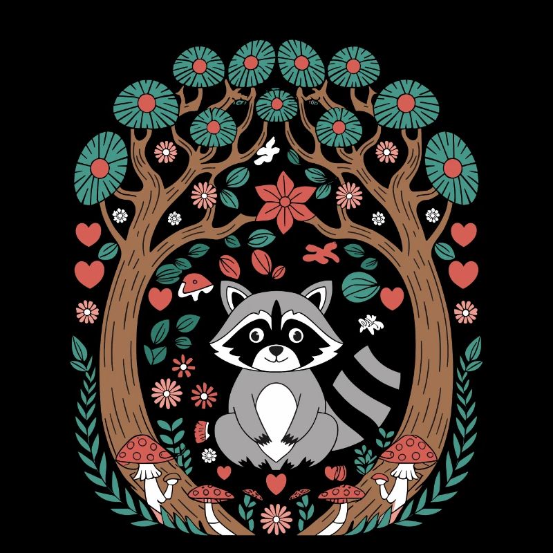 Cottagecore raccoon in the enchanted forest between trees