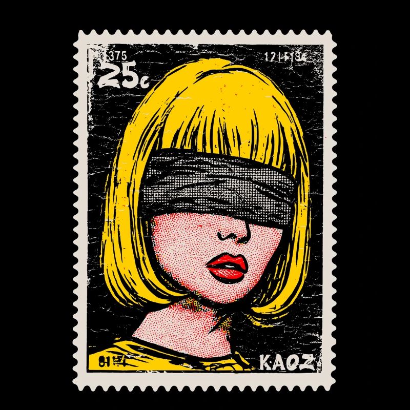 Frau mit Augenbinde im Pop-Art Briefmarke
