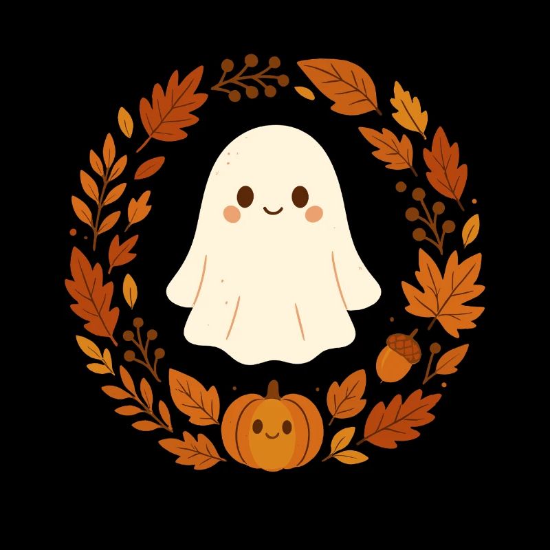 Cute Ghost im Herbstkranz – Cozy Halloween Design