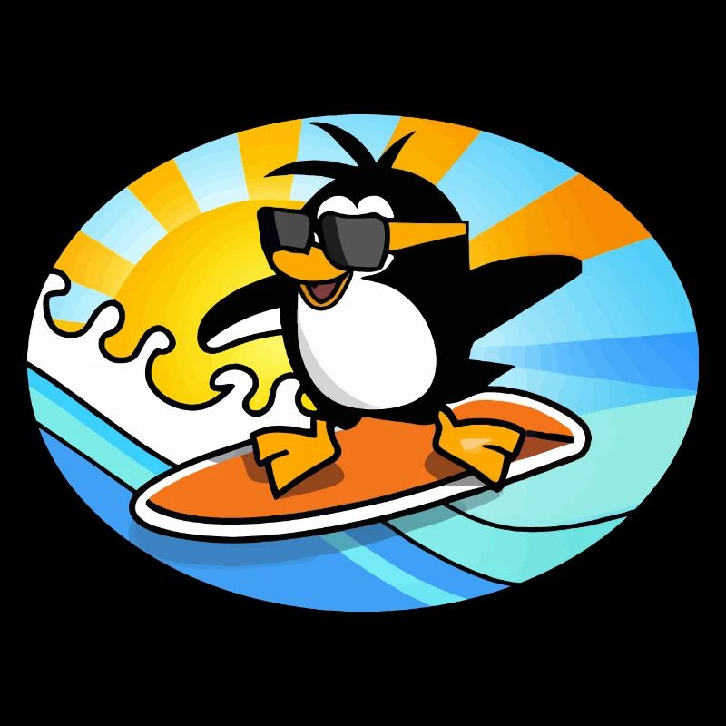 Pinguin mit Sonnenbrille auf einem Surfboard