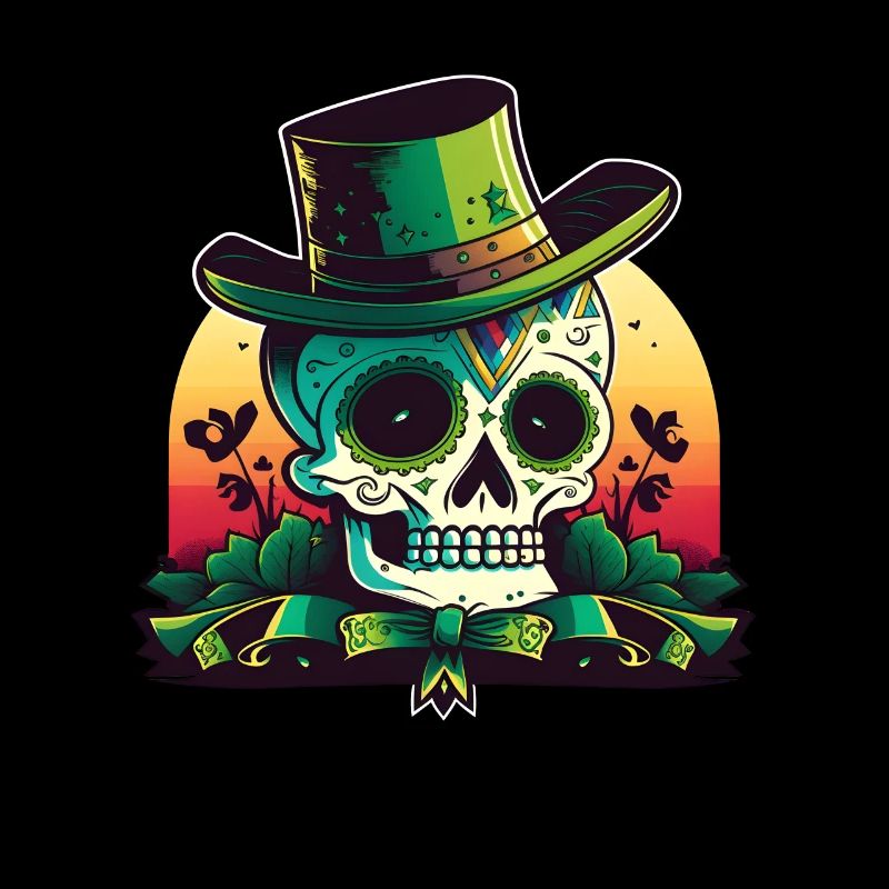 Sunset Sugar Skull Wearing A Hat St Patrick"s Day