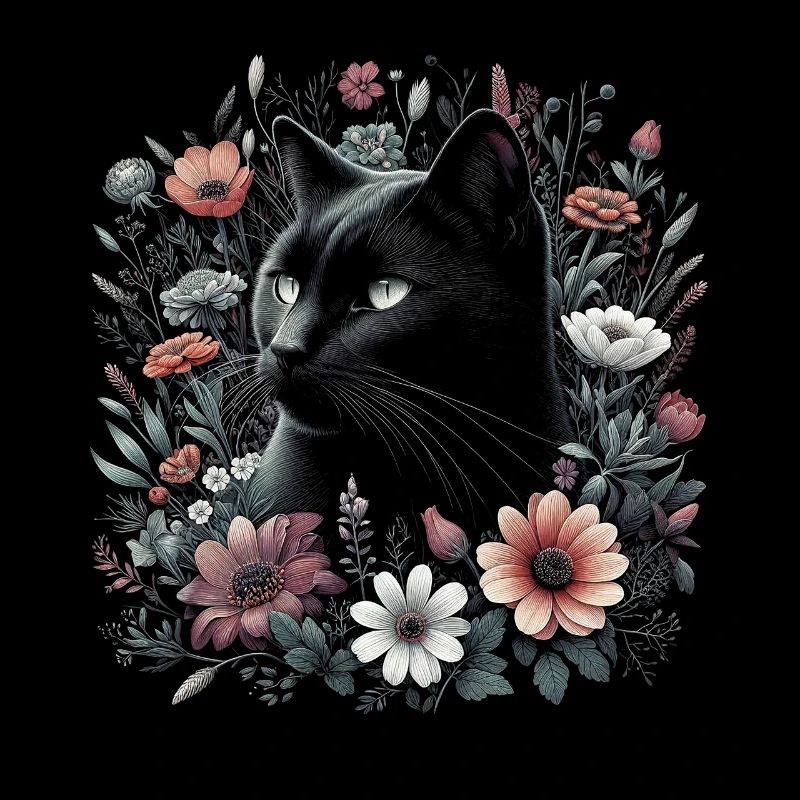 Cottagecore Chat Noir Avec Fleurs