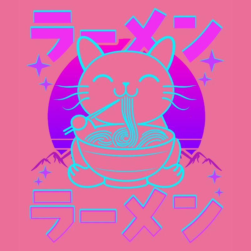 Rétro Kawaii Chat Mangeant Ramen
