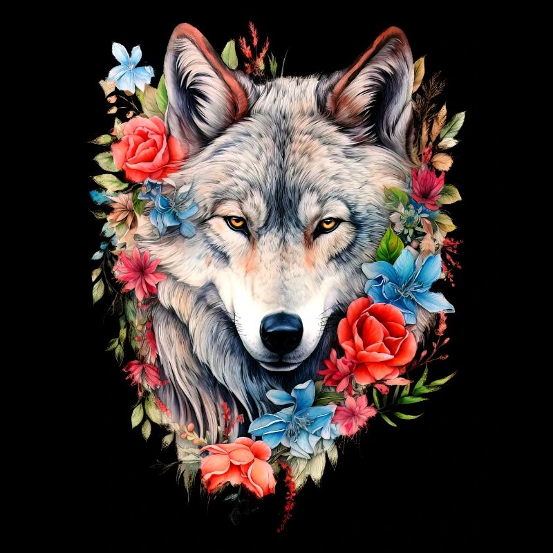 Wolf mit Blumen Mädchen