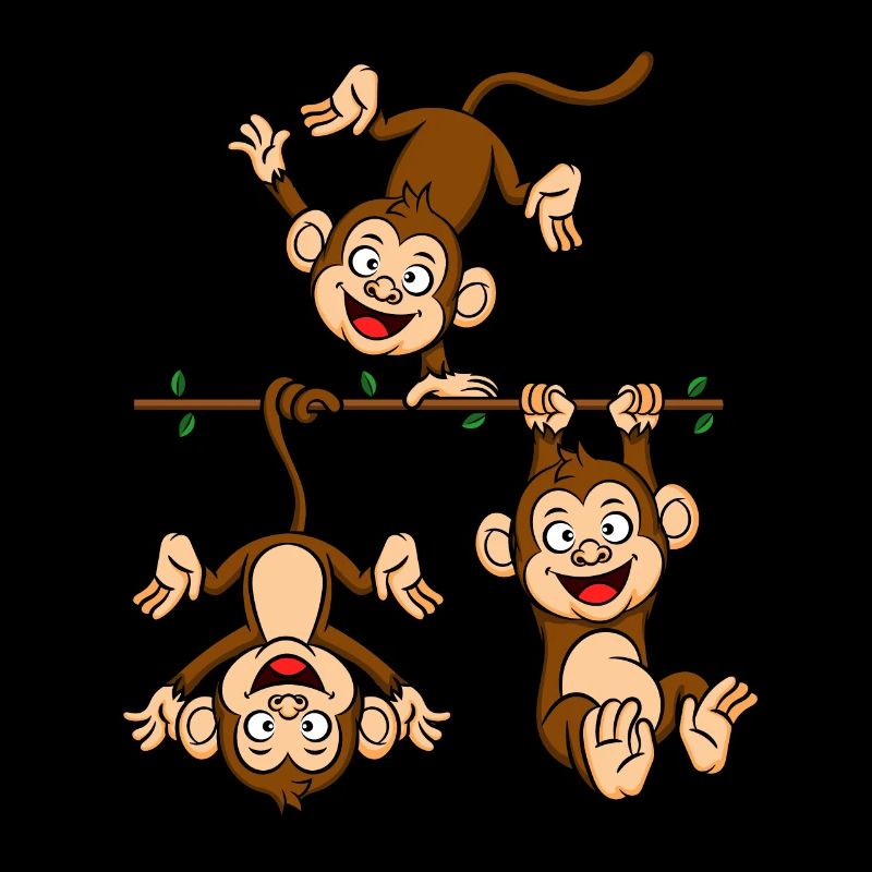 Funny monkey trio doing gymnastics on branch