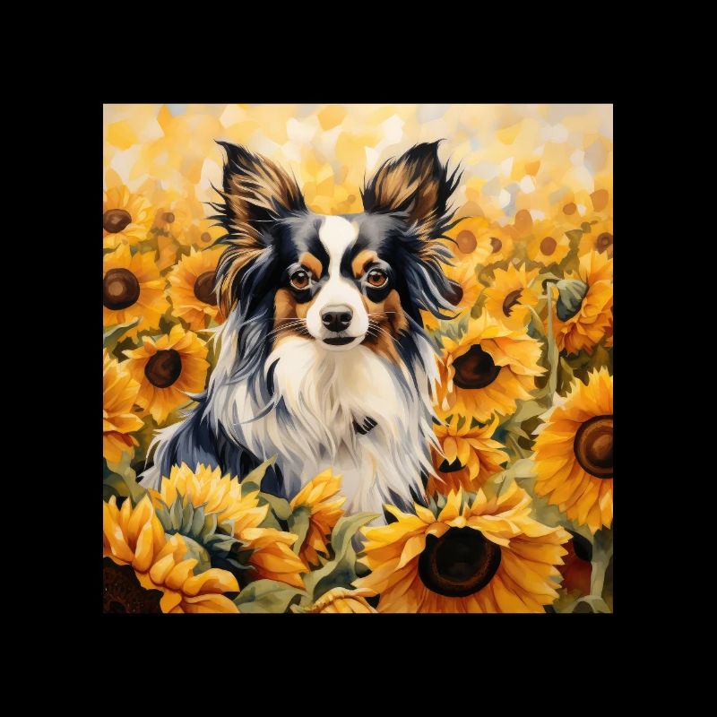 Chien papillon mignon se cachant dans un champ de tournesol