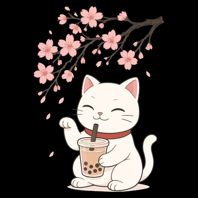 Figurine de chat kawaii Bubble Tea Branche de fleur de cerisier