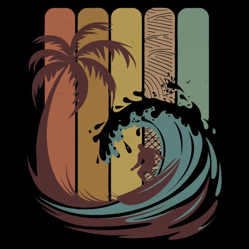 Vintage Surfing Wave Palm Trees Beach Retro