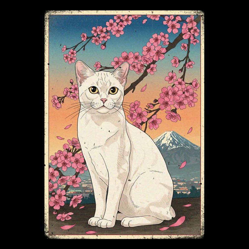 Chat blanc Mont Fuji Fleur de cerisier