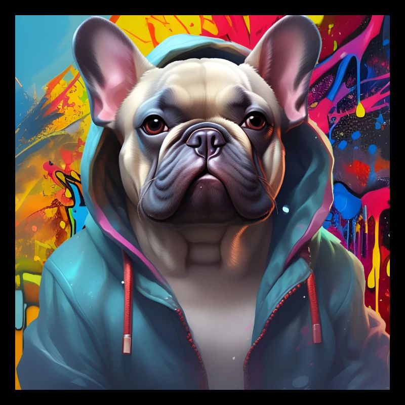 Bouledogue français dans un graffeur à capuche