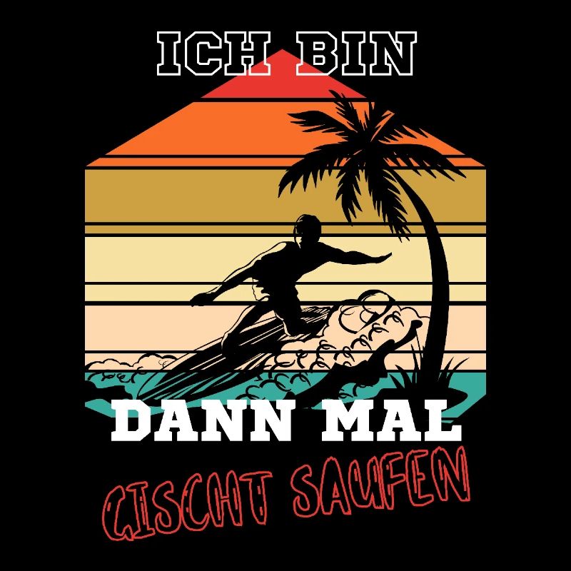 Surfer design with palm trees, retro stripes, German