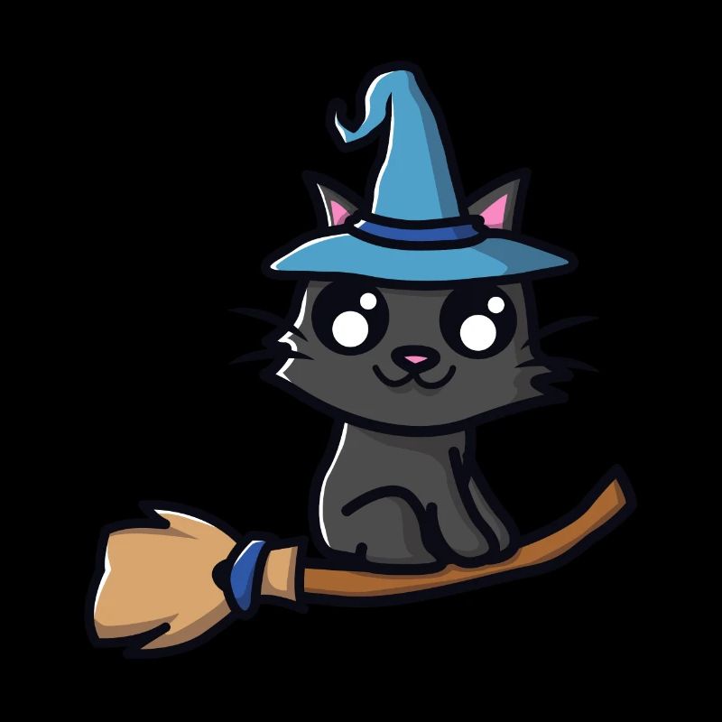 Chat avec un chapeau de sorcière sur un balai de sorcière