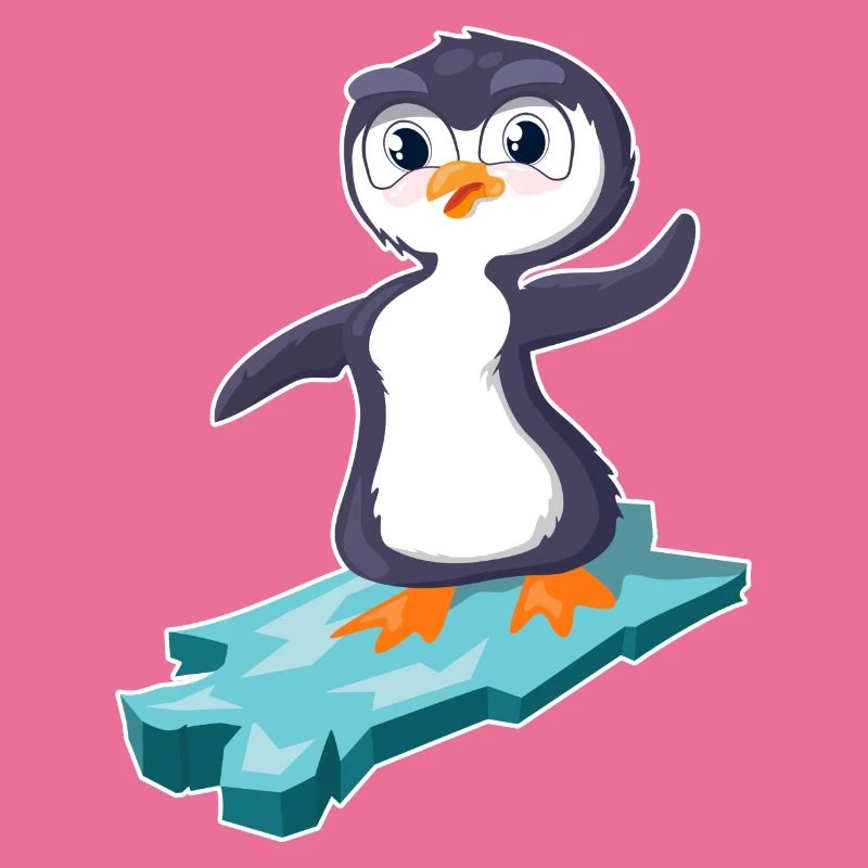 Pinguin surft auf einer Eisscholle