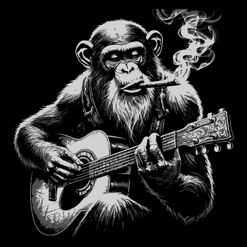Schimpanse mit einer Zigarre, die auf der Gitarre spielt