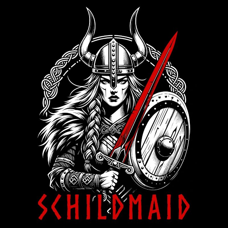Viking shield maiden with sword, shield and helmet