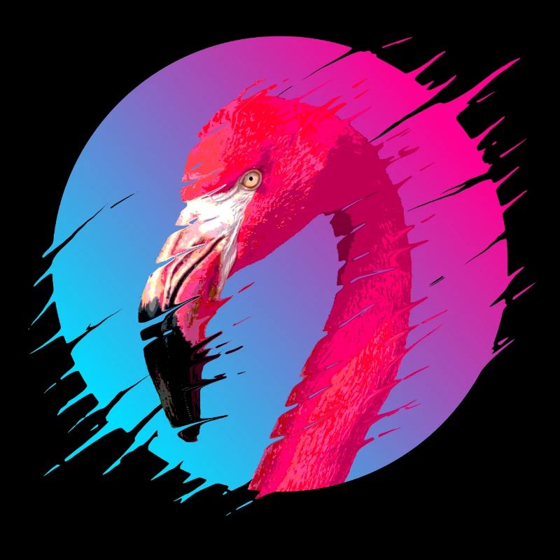 80er Synthwave verzerrte Sonne und Flamingo