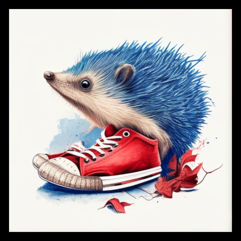 Hérisson bleu et chaussures rouge