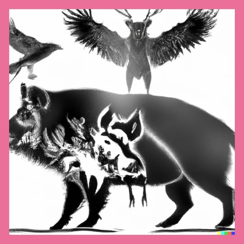 Wild boar with a deer and an eagle