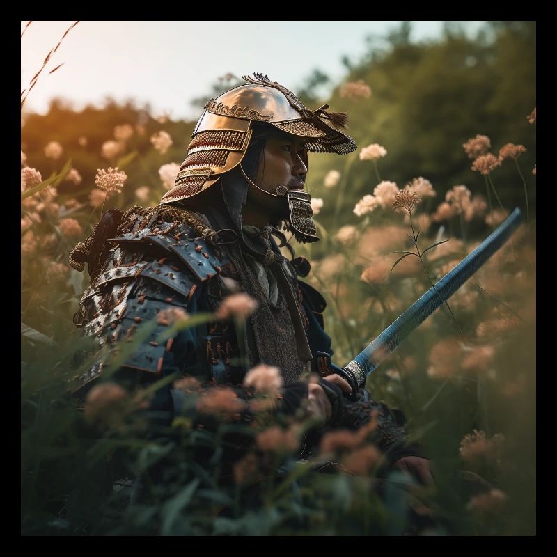 Samurai in Flower Field -Warrior in Armor