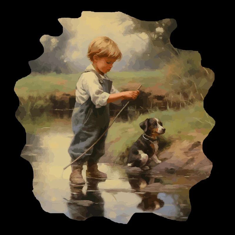 Garçon pêchant avec un cadeau de chien