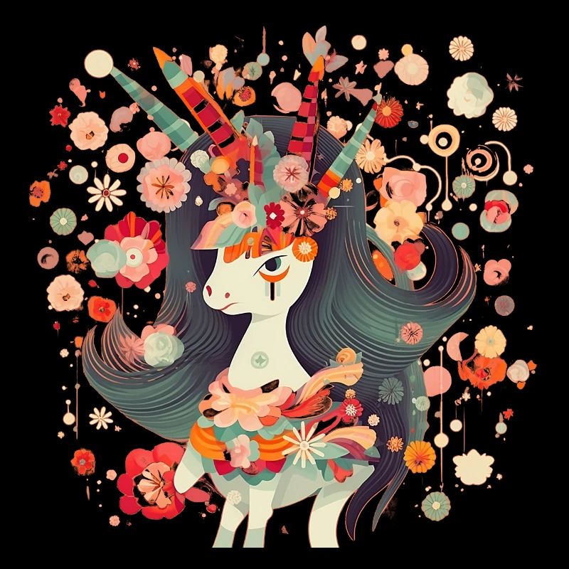 Einhorn mit coolen langen Haaren in Blumen