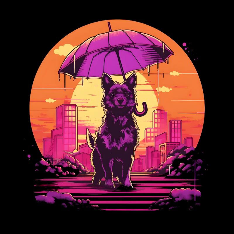 Synthwave japan dog avec parapluie