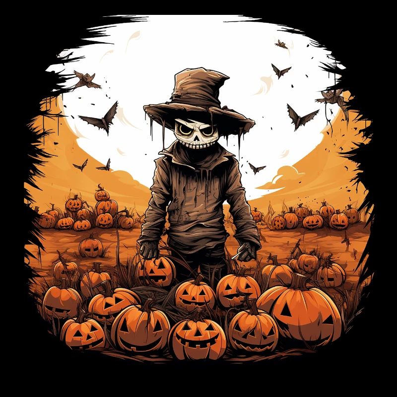 Épouvantail effrayant d’Halloween dans un champ de citrouilles