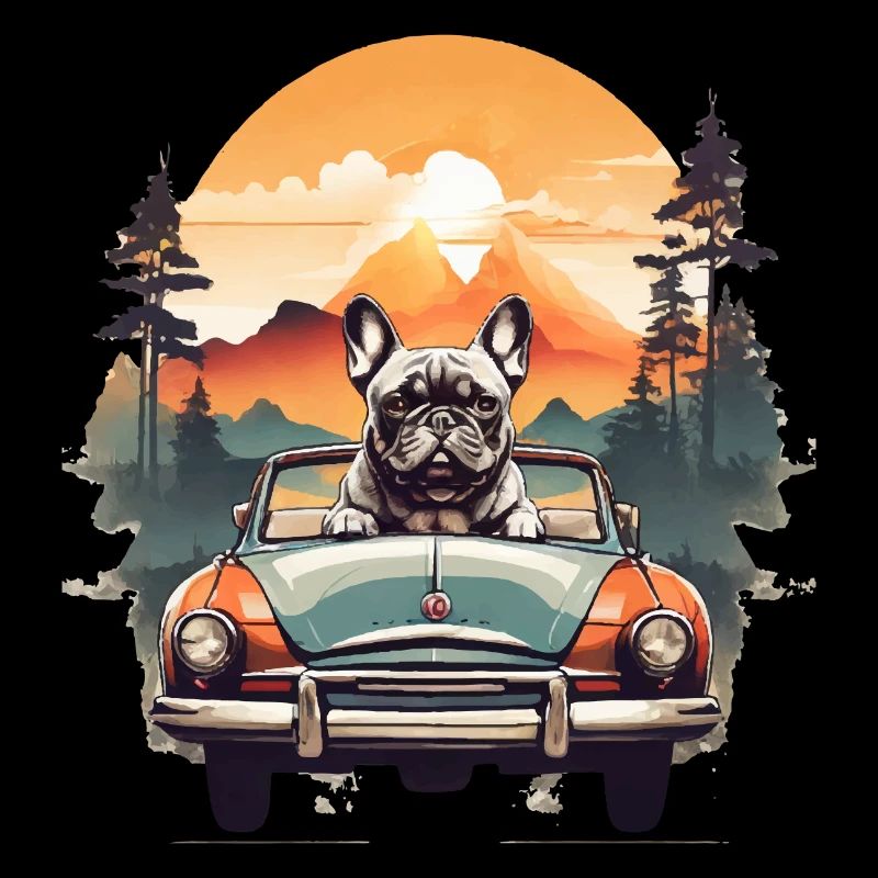 Bouledogue français dans une voiture ancienne