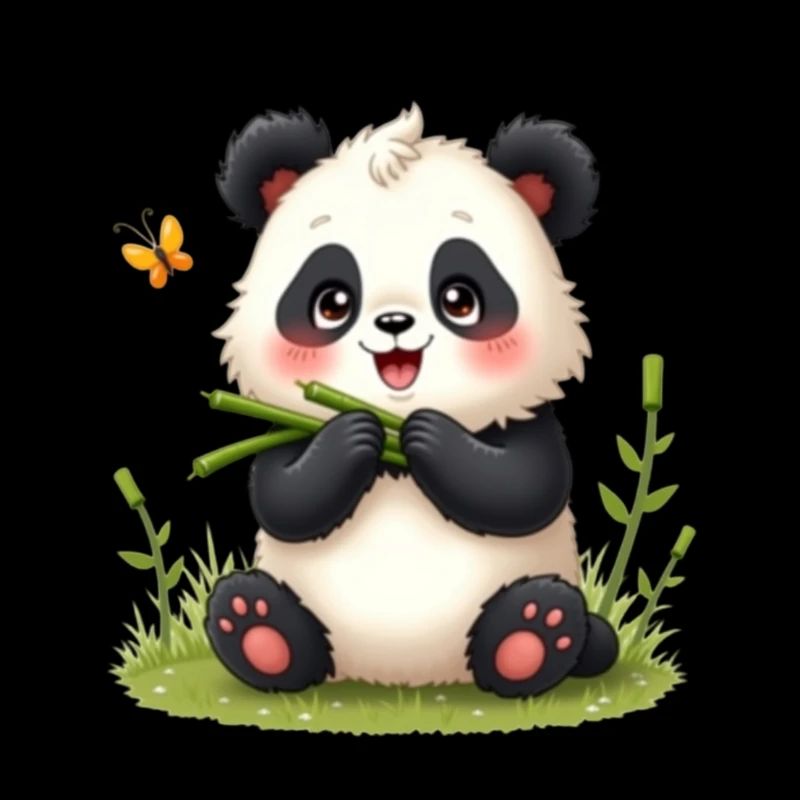 Mignon panda de dessin animé avec bambou et papillon