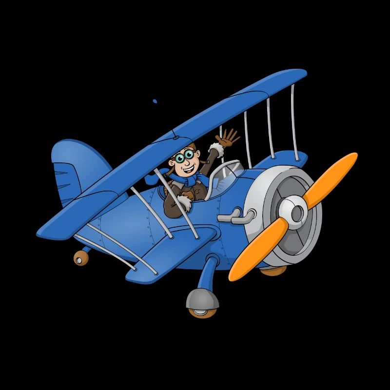 Un pilote joyeux dans un avion bleu.
