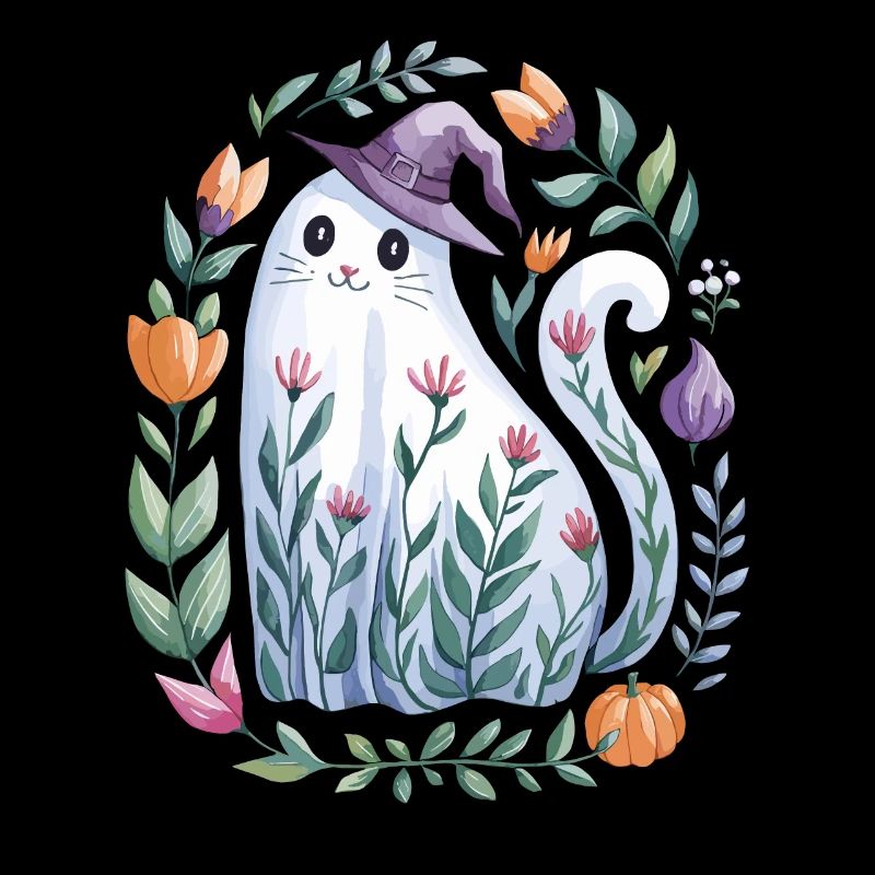 Halloween Ghost Cat With Witch Hat And Flowers