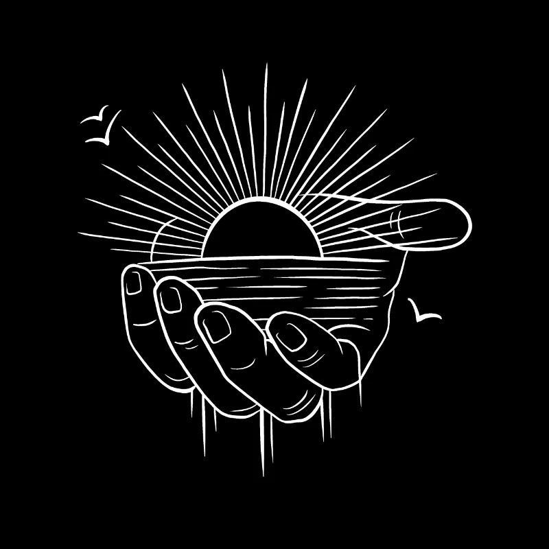 Dessin line art soleil / océan dans la main