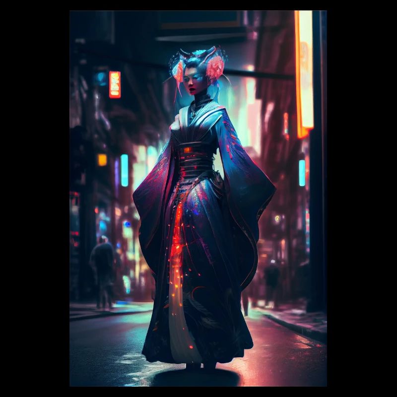 Vue complète du corps d’une geisha debout dans Cyberpun