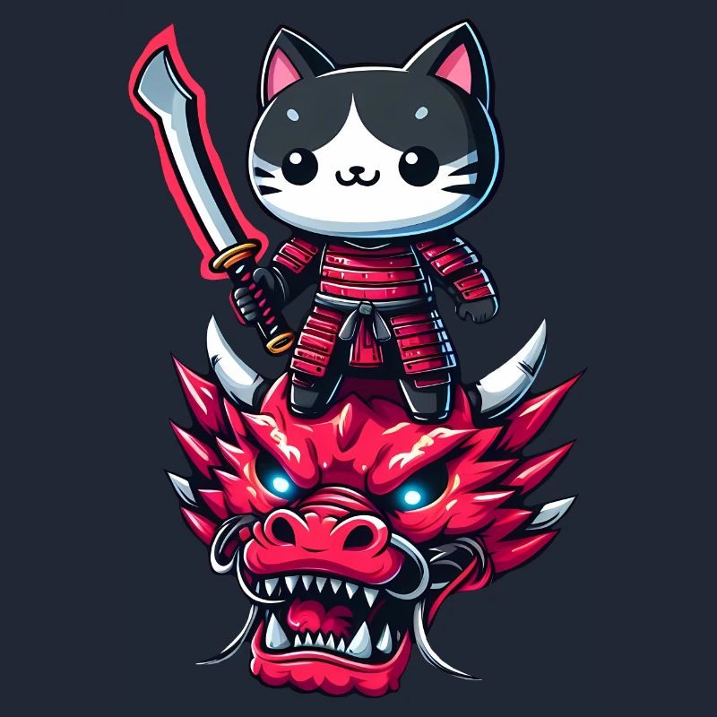 Samurai Cat with Sword on Dragon in Epic 3D Effect
