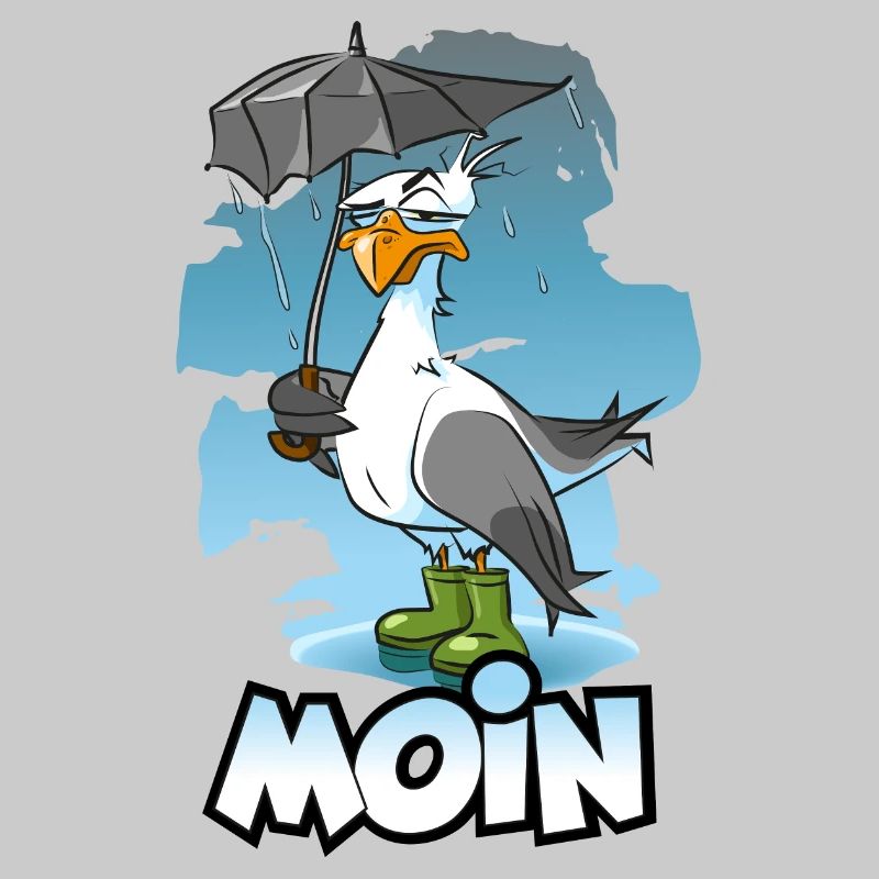 Möwe mit Regenschirm und Gummistiefel - Moin
