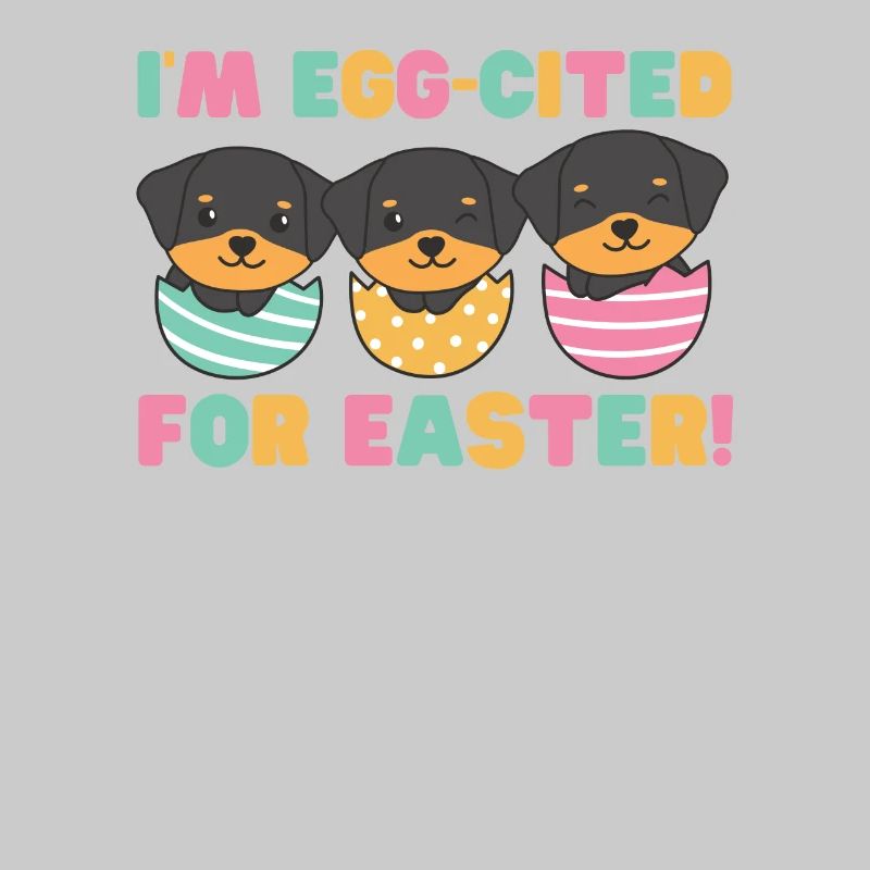 cute dogs at Easter with Easter eggs Rottweiler