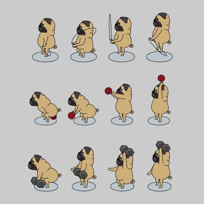 fitter Mops macht Sport mit Dumbbell, Kettlebell