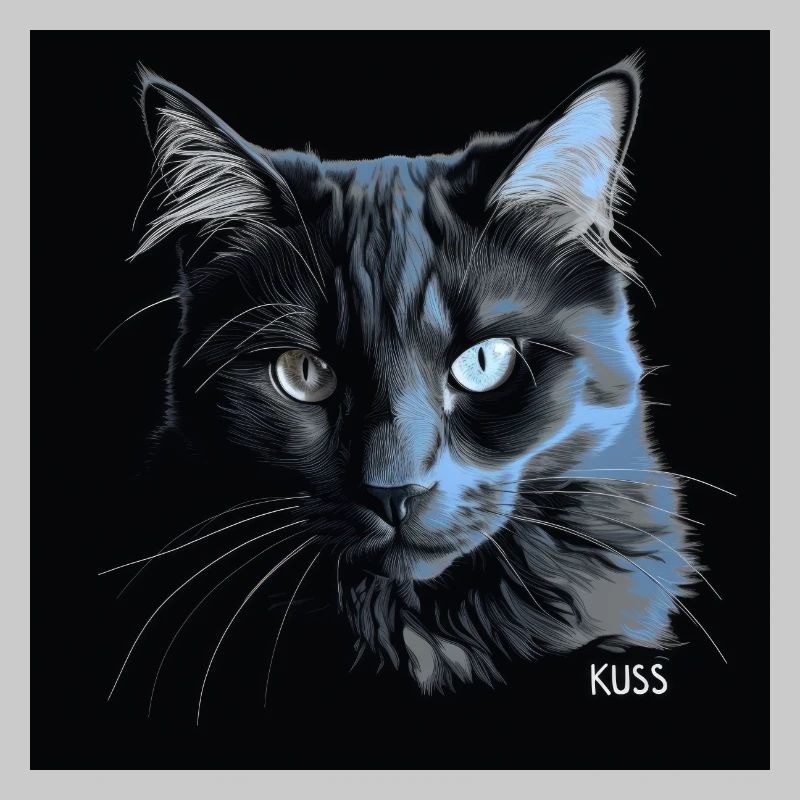 Blauäugige schwarze Katze mit Kuss