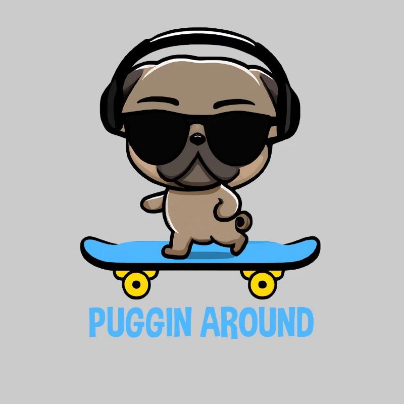 Lustiger Mops auf Skateboard mit Kopfhörern