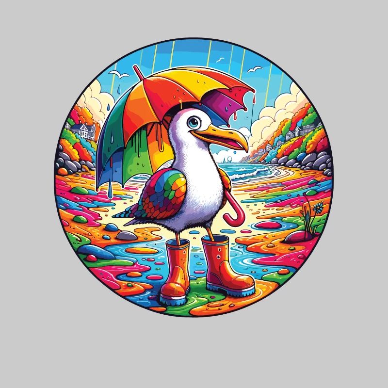 Rainbow seagull with parasol and rubber boots