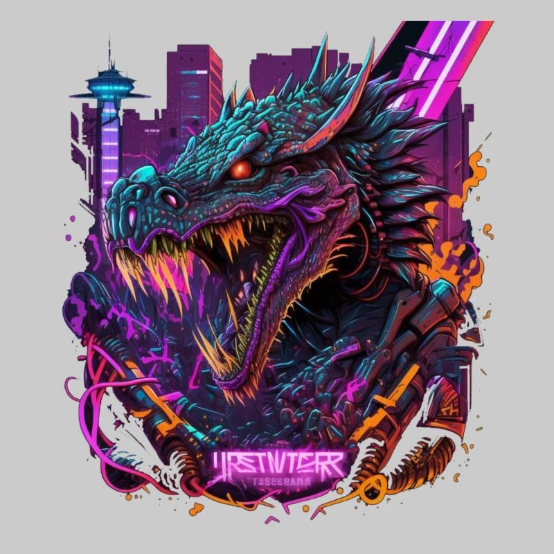 Synthdragon Drachen arbintensiv im Synthwave Style