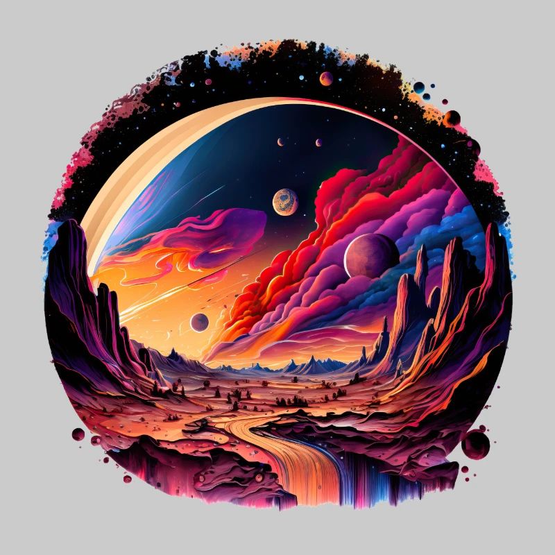 Cosmic landscape with mountains and planets
