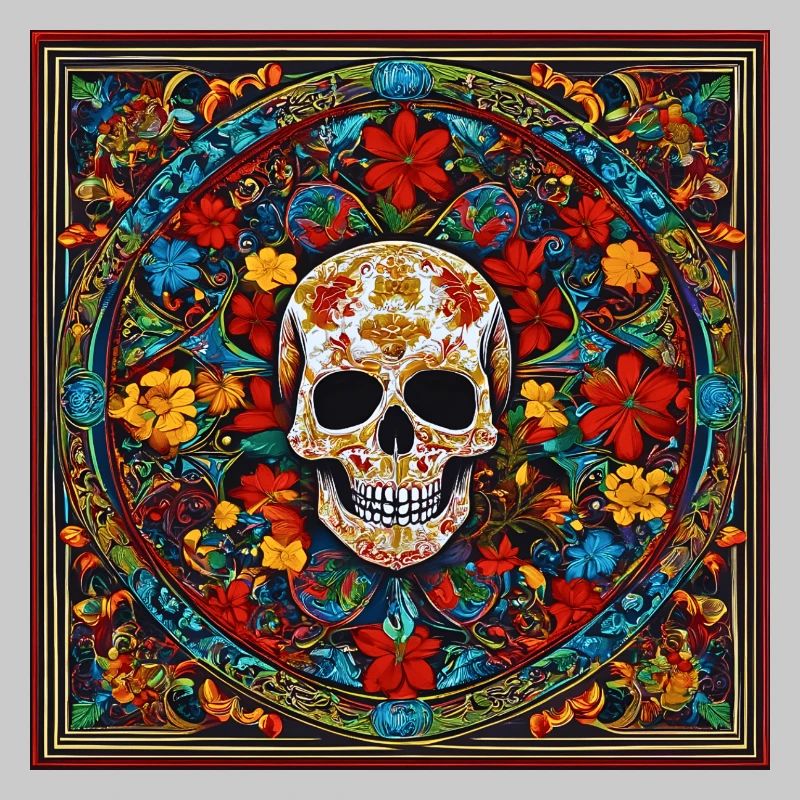 Totenschädel mit Blumen im Mandala Style