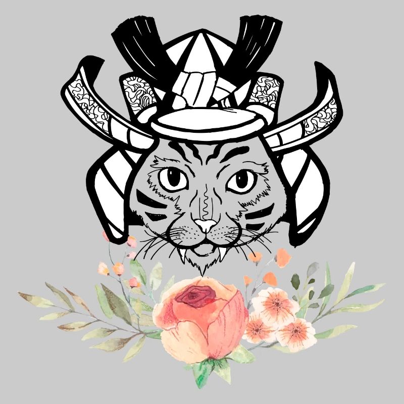 Chat samouraï suspendu mignon avec des fleurs