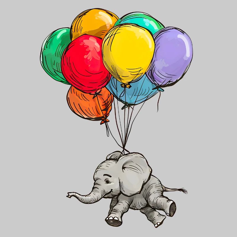 Elefant schwebt mit Bunten Luftballons