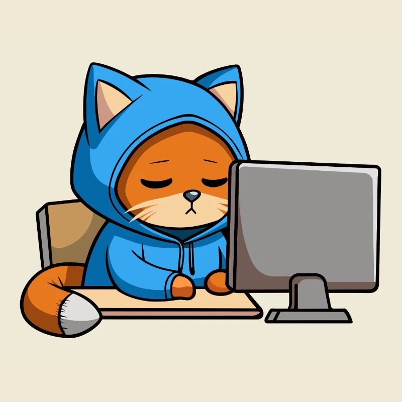 Niedliche Hacker Katze schläft im Hoodie vorm PC